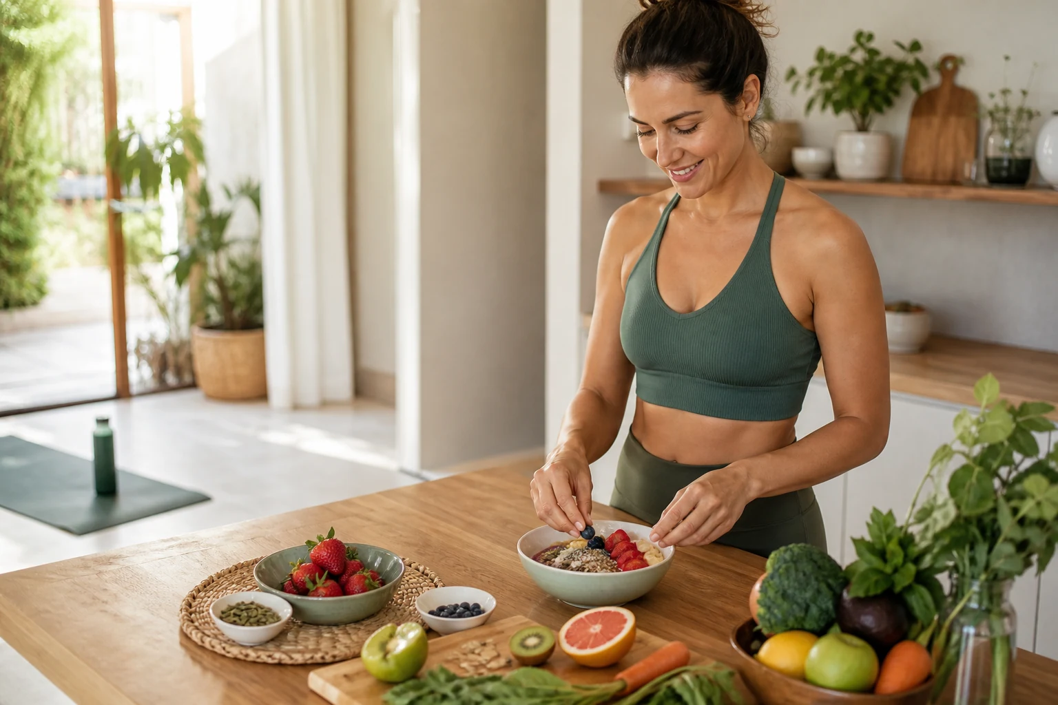 Mujer preparando un desayuno saludable después de entrenar