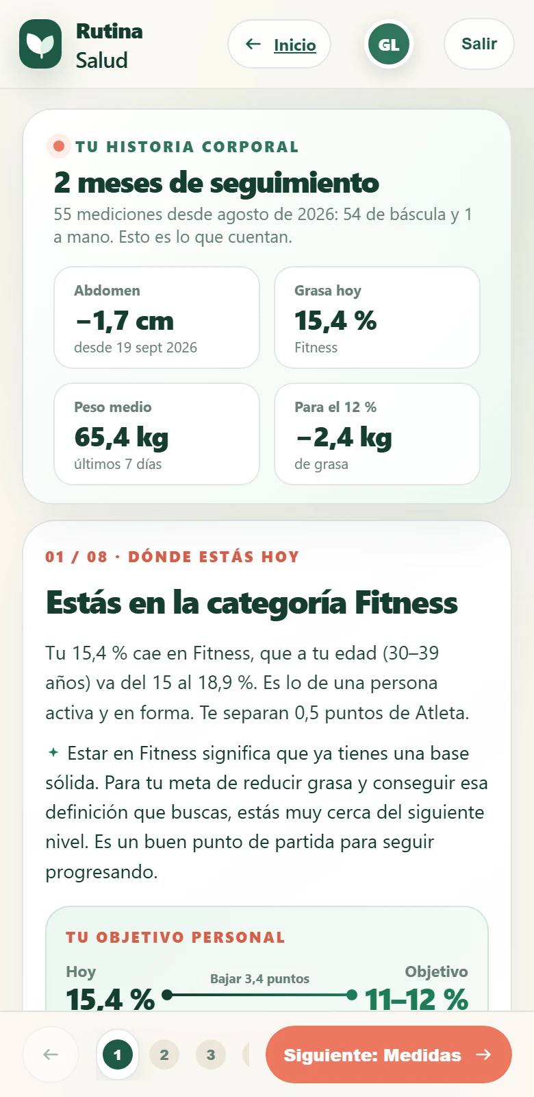 El espacio personal en el móvil, con datos reales de Gabriel: 2 meses de seguimiento, 1,7 cm menos de abdomen, 15,4 % de grasa y 65,4 kg de peso medio.